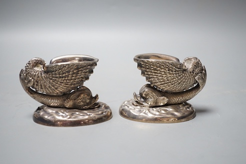 A pair of Victorian silver 'dolphin & shell' salts, John Knowles & Son, Sheffield, 1863, length 91mm, 25oz.
